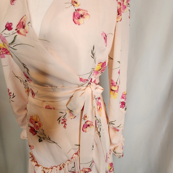 FOREVER 21 Cream & Pink Floral Ruffle V-Neck Wrap Tie Long Sleeve Dress Small - Picture 6 of 11